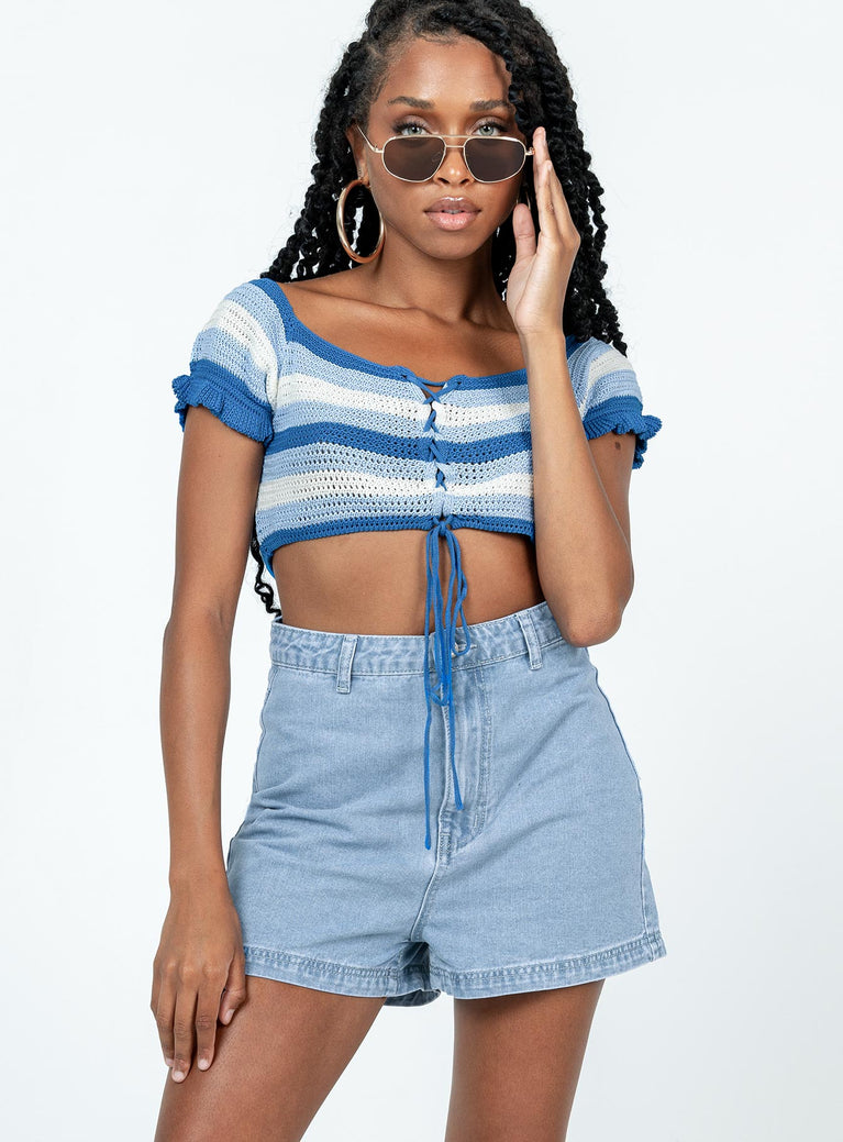 Denim shorts Mid-wash denim Zip & button fastening Belt loops at waist Two back pockets