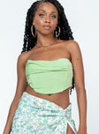 Green strapless top Delicate material  Inner silicone strip at bust  Cowl neckline  Boning through front  Zip fastening at back 