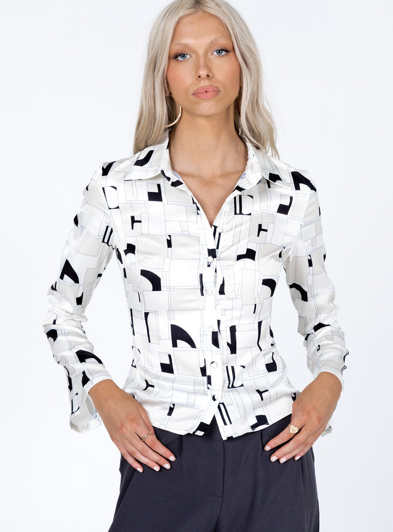 front view of model wearing Princess Polly Anni Shirt Beige Multi 