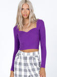 front view of model wearing Princess Polly Alima Long Sleeve Top Purple 