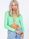 front view of model wearing Princess Polly Kaiden Long Sleeve Top Green 