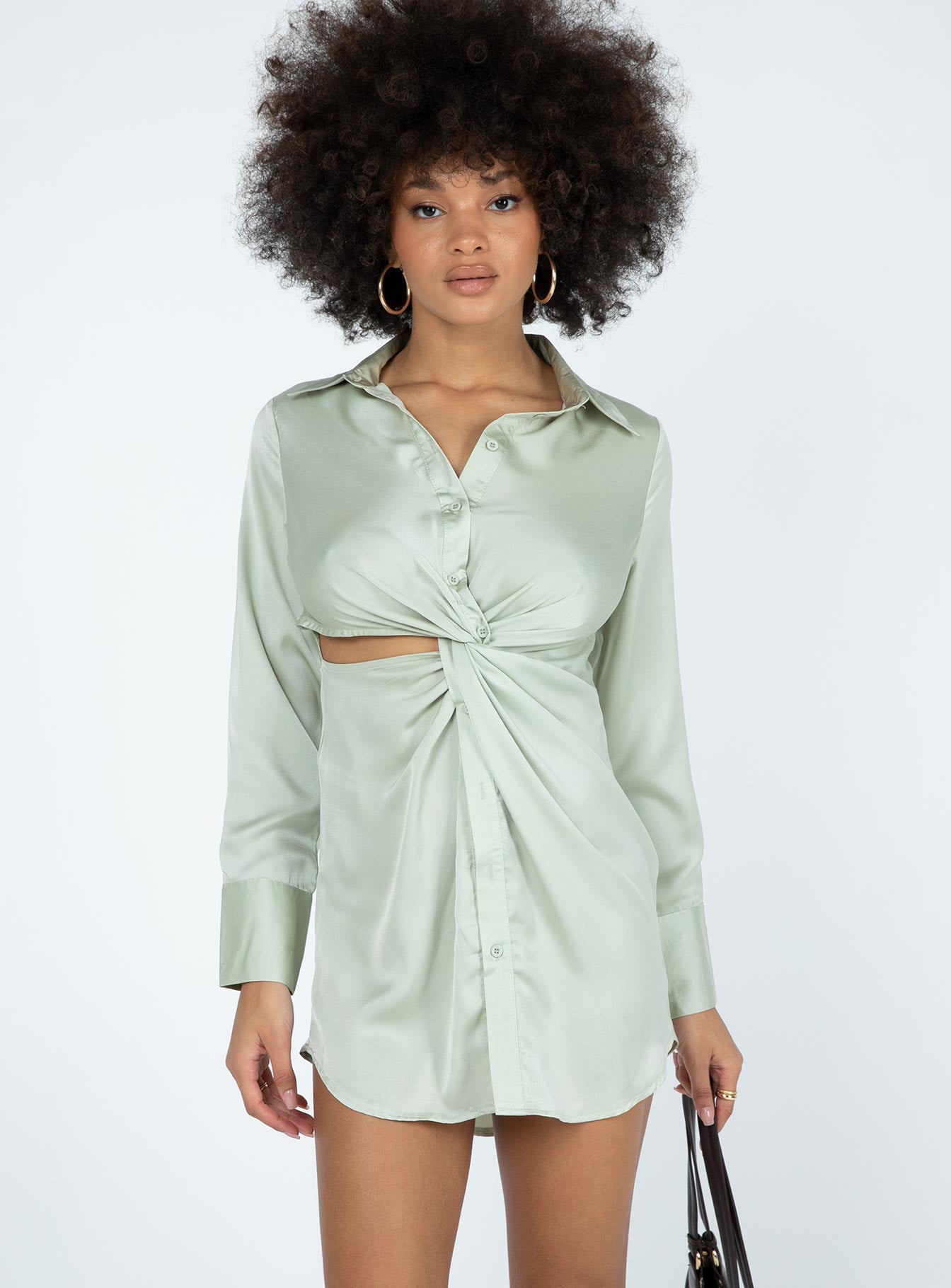 front view of model wearing Princess Polly Sari Mini Dress Green 