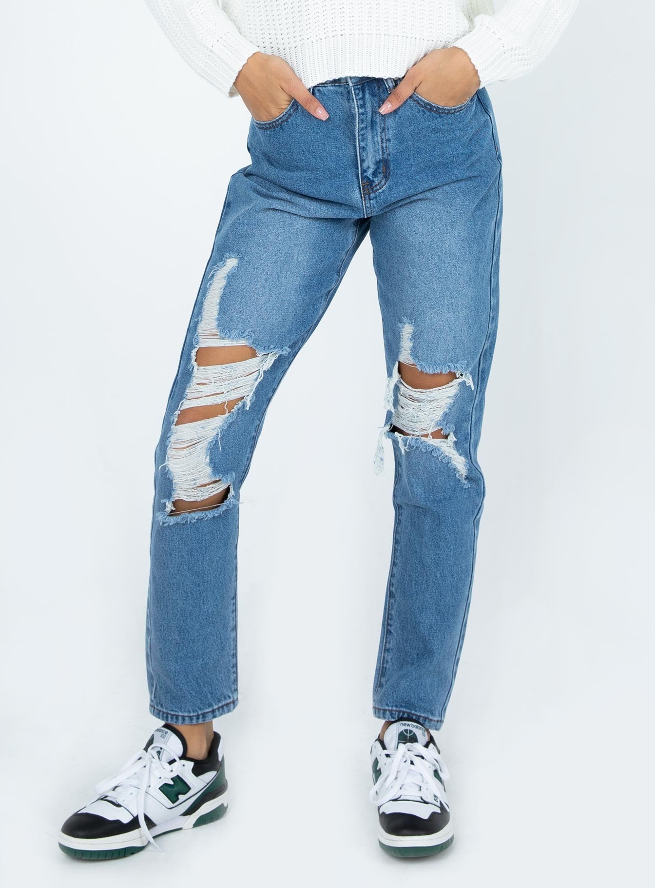 front view of model wearing Princess Polly Damion Ripped Mom Denim Jeans Mid Rise 