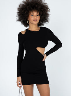 front view of model wearing Princess Polly Theodore Long Sleeve Mini Dress Black 