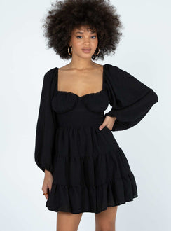 front view of model wearing Princess Polly Danny Long Sleeve Mini Dress Black Sweetheart Neckline 