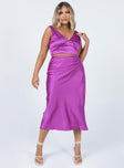   front view of model wearing Princess Polly Tyra Satin Midi Skirt Purple 