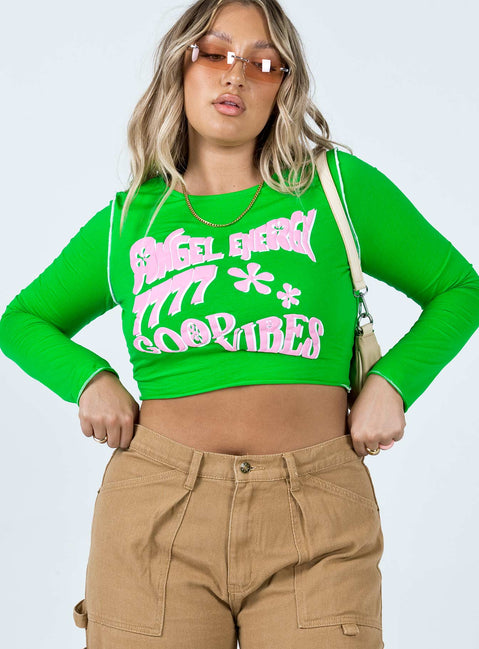 front view of model wearing Princess Polly Good Vibes Long Sleeve Top Green 