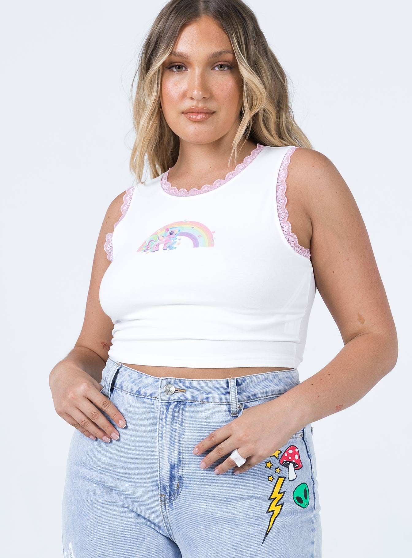 side view of model wearing Princess Polly Nostalgia Graphic Top White 