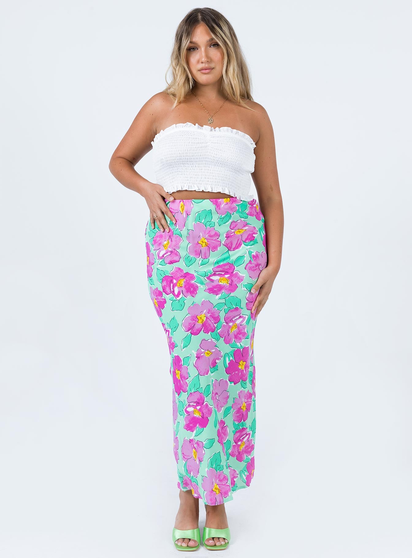   front view of model wearing Princess Polly Adah Maxi Skirt Green Maxi 