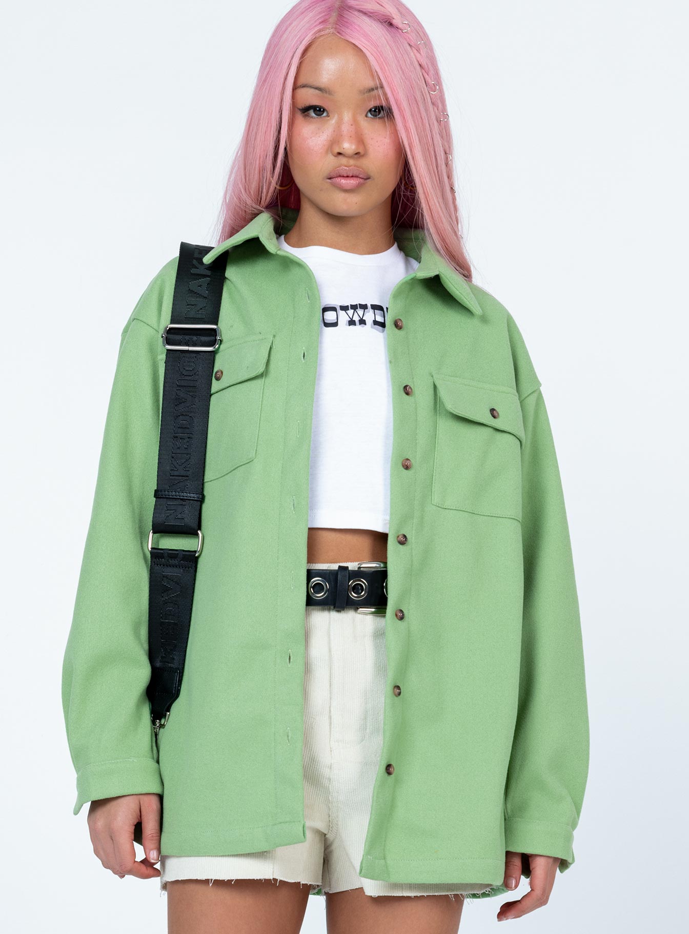 Green shacket button up breast pockets collared