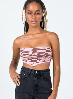 front view of model wearing Princess Polly Fabian Strapless Top Pink Multi 