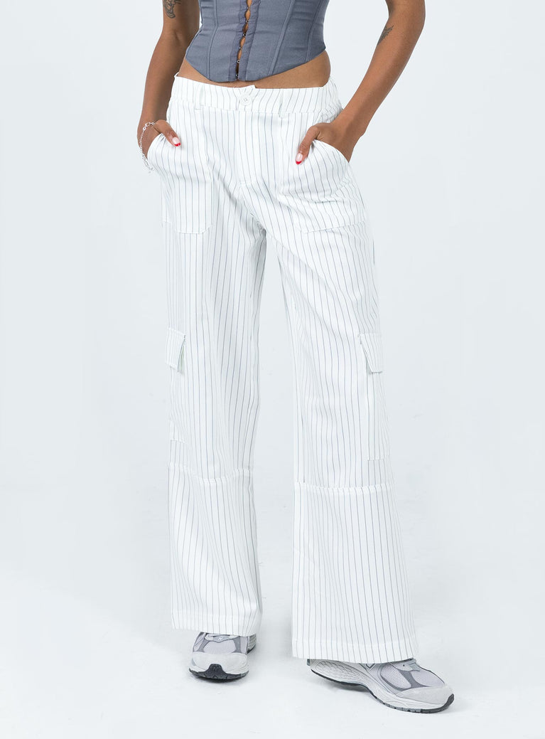 Princess Polly   Luna Mid Rise Cargo Pants White Pinstripe