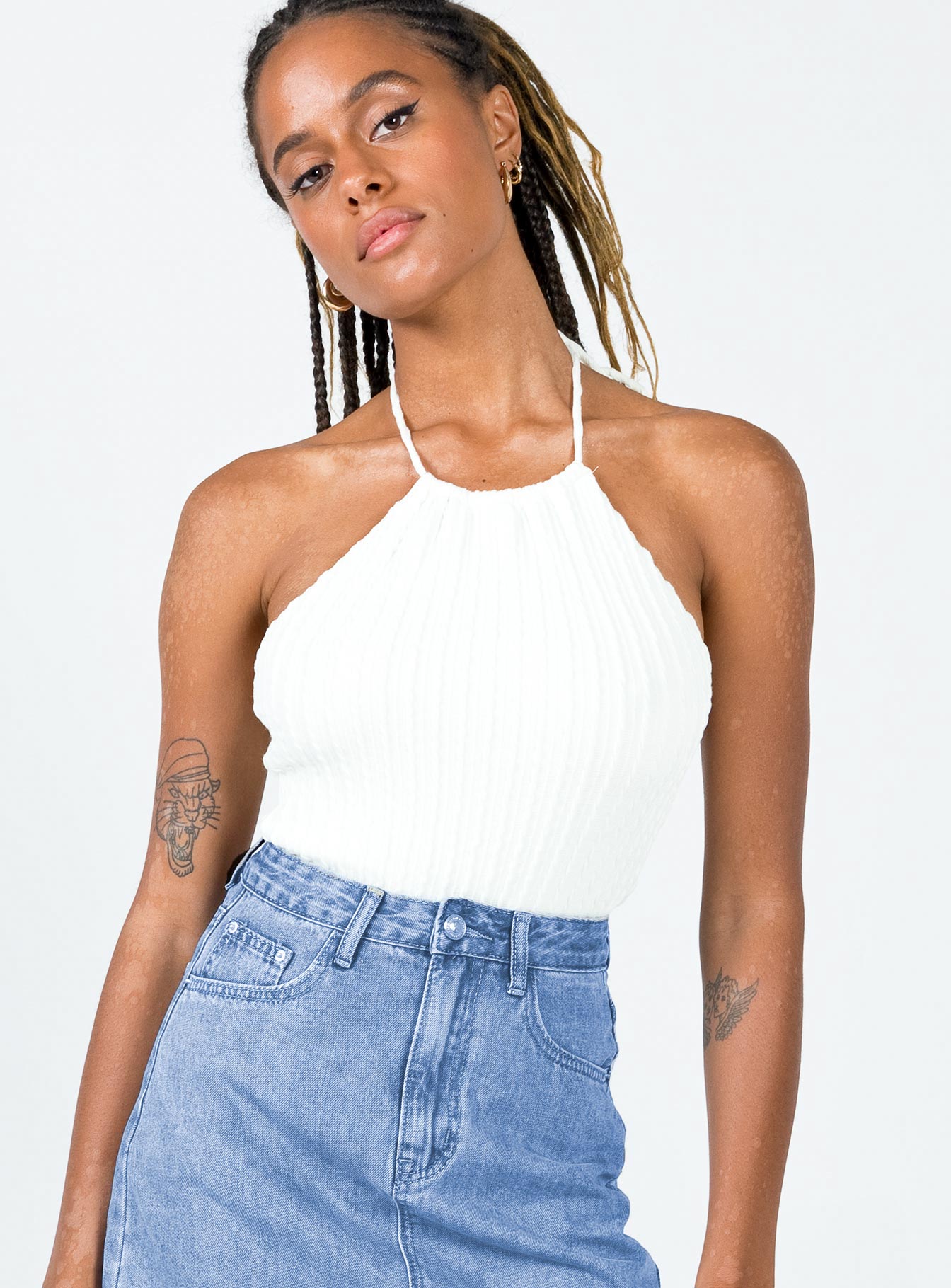 side view of model wearing Princess Polly Donte Bodysuit White Sleeveless Crew Neck 