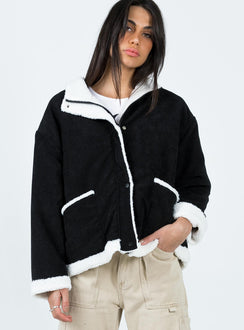 Jacket Corduroy material Faux fur lining & trim High neck Zip & button fastening at front Twin hip pocket