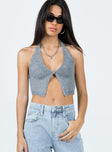 Front view of model wearing  front Princess Polly Sleeveless Square Neck  Waterbell Top Grey