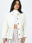 Jacket Classic collar Button fastening at front Drawstring at waist Twin hip pockets Single button cuff