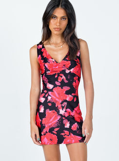 front view of model wearing Princess Polly Harlow Mini Dress Red Floral 