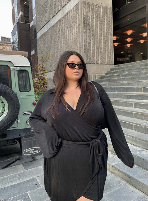 front view of model wearing Princess Polly Party Time Mini Dress Black Curve 