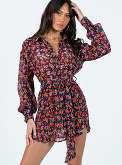 Front view of model wearing  front Princess Polly High Neck  Edena Mini Dress Black Floral