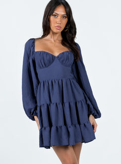 Front view of model wearing  front Princess Polly Sweetheart Neckline  Danny Long Sleeve Mini Dress Navy