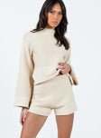 Matching set Knit material Sweater Drop shoulder Shorts Thick elasticated waistband Good stretch Unlined 