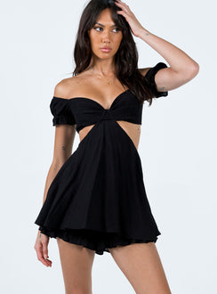 Romper Elasticated shoulders and neckline Shirred bust Can be worn on or off shoulder Cut out sides and back Layered ruffle hem Good stretch Lined 