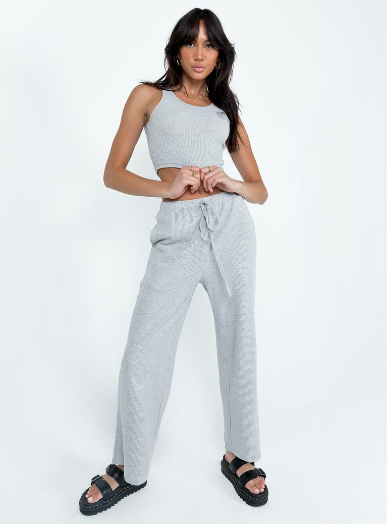 Grey matching set Cropped tank top  High waisted pants  Elasticated drawstring waist  Twin hip pockets  Straight leg 