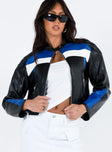 Cropped jacket Faux leather material High neckline Zip fastening at front Twin hip pockets