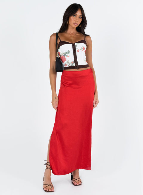 Front view of model wearing  front Tamra Maxi Skirt Red Princess Polly  Maxi 