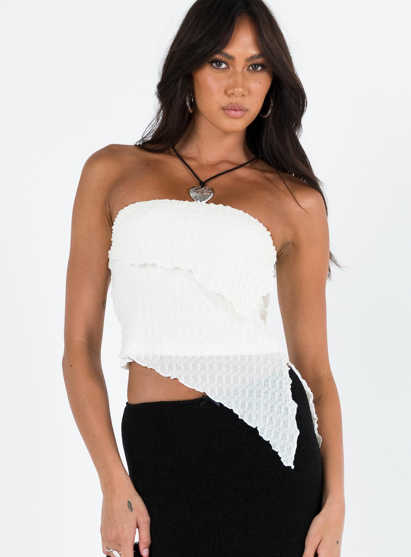 Front view of model wearing  front Princess Polly Sleeveless Square Neck  Arditto Asymmetric Top White