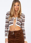 Front view of model wearing  front Princess Polly Three Fourth Sleeves Square Neck  Silvana Long Sleeve Top Beige Stripe