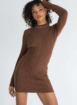 front view of model wearing Princess Polly Zion Long Sleeve Mini Dress Brown 