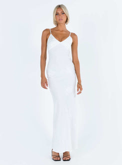 Front view of model wearing  front Princess Polly Crew Neck  Isbell Satin Maxi Dress White