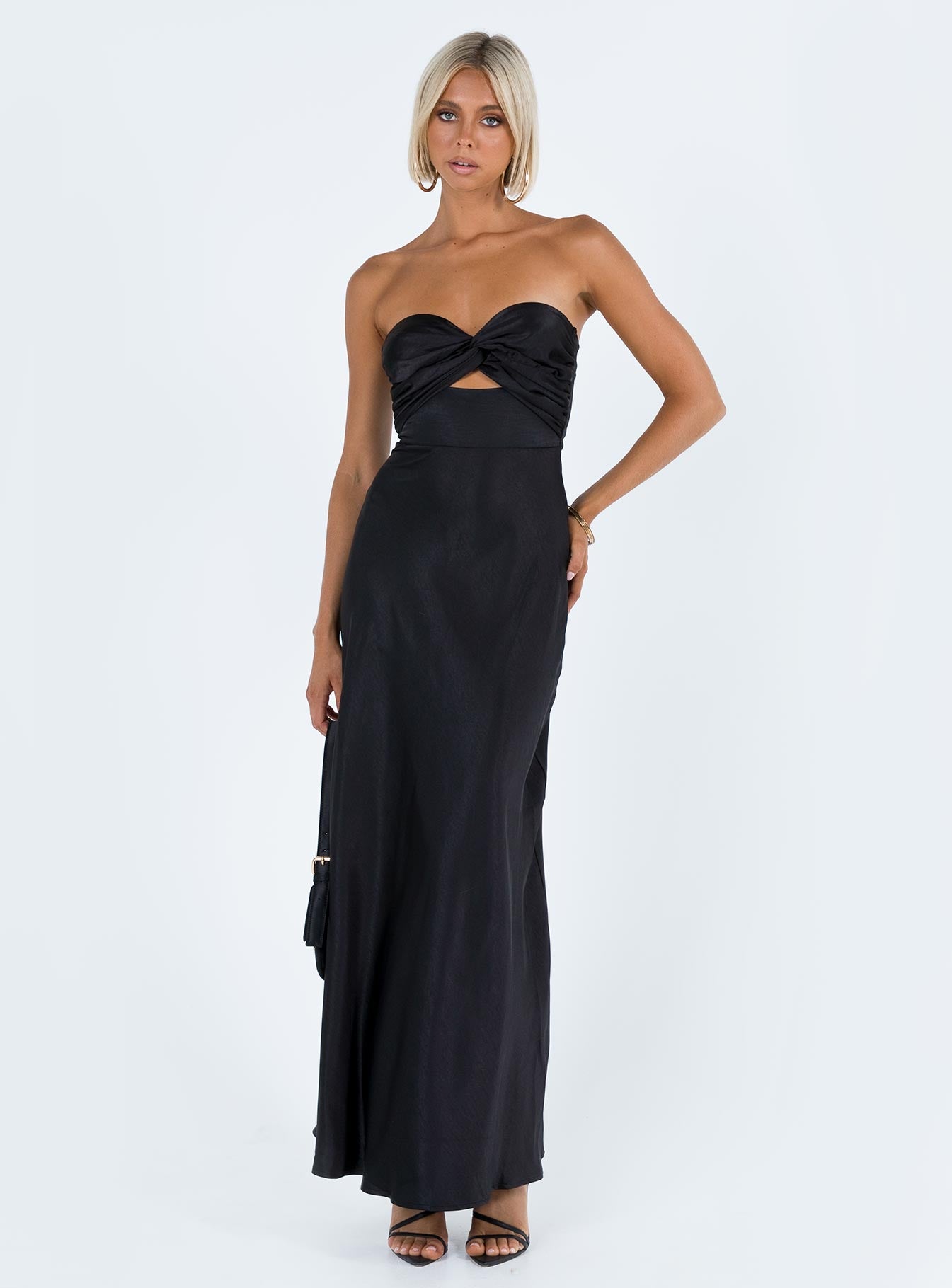 Front view of model wearing  front Princess Polly Asymmetric Neckline  Ahna Maxi Dress Black
