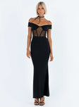 Front view of model wearing  front Princess Polly Asymmetric Neckline  Cassady Off The Shoulder Maxi Dress Black