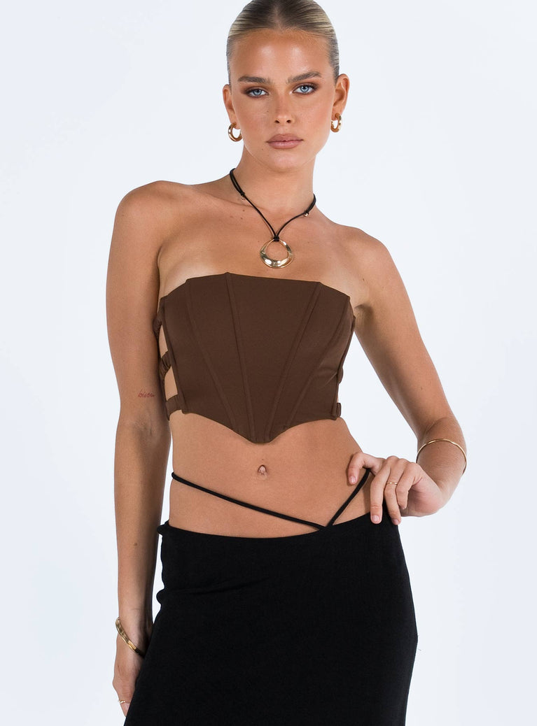 product Princess Polly Sleeveless Asymmetric Neckline  Carnlea Strapless Top Brown