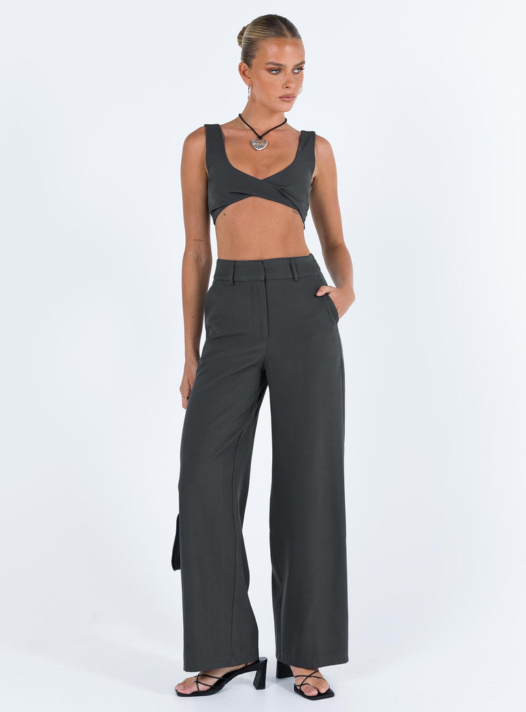 Two piece set Crop top Twist detail at bust Invisible zip fastening at side Pants Belt looped waist  Front button and zip fastening  Twin hip pockets