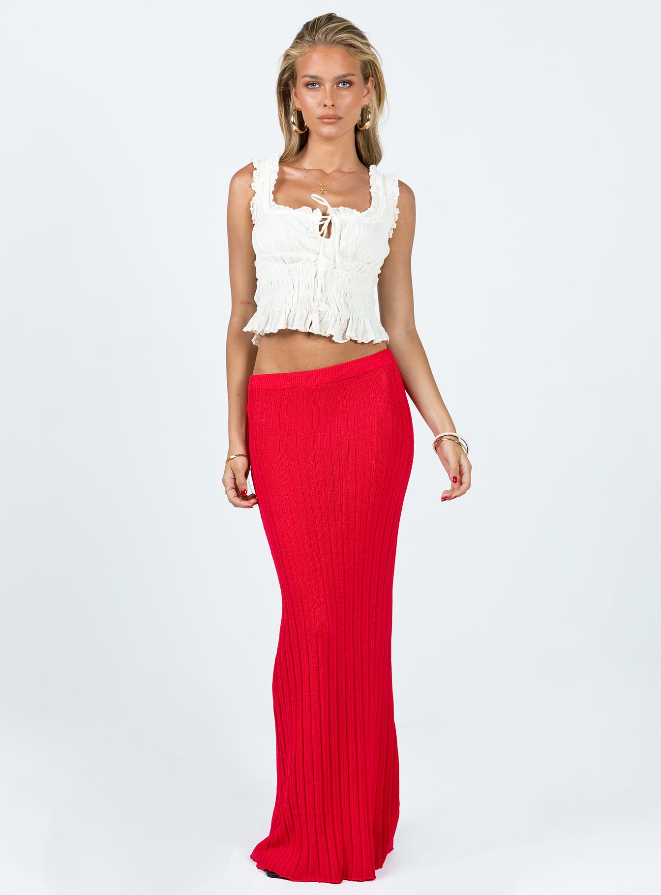 Long red shop maxi skirt