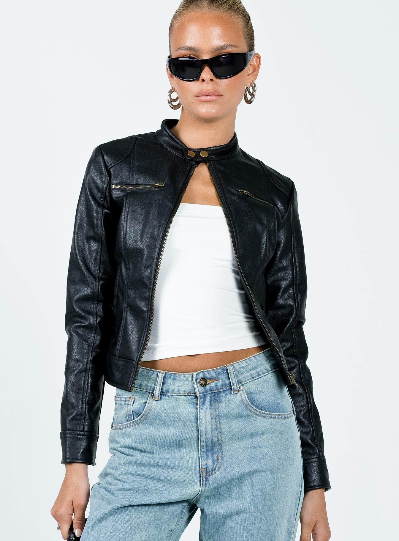 Black faux leather outlet jacket with gold zipper