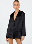 Blazer Satin material Lapel collar Button fastening at front Twin front pockets Slit at back