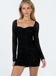 Front view of model wearing  front Princess Polly Square Neck  Nikolas Long Sleeve Mini Dress Black