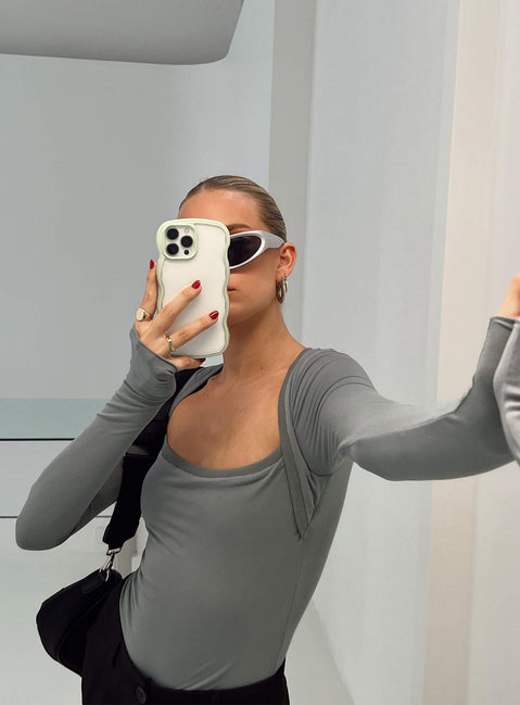 side view of model wearing Princess Polly Kentwell Bolero Bodysuit Slate Full Sleeves 