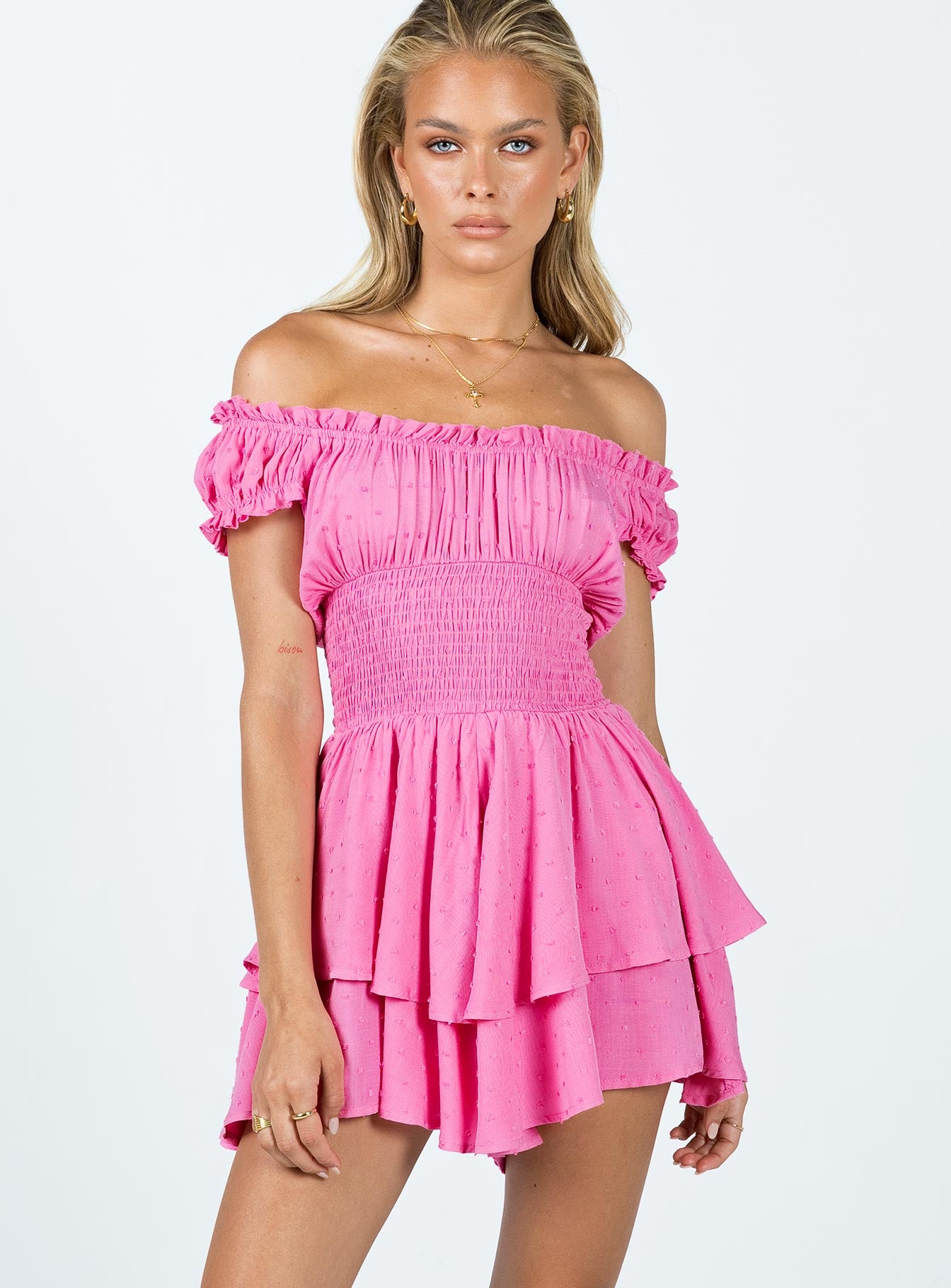 Romper Shirred waistband Ruffle detailing Elasticated neck & sleeves Can be worn on or off-shoulder