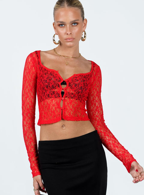 Front view of model wearing  front Princess Polly Full Sleeves Square Neck  Kenar Long Sleeve Top Red