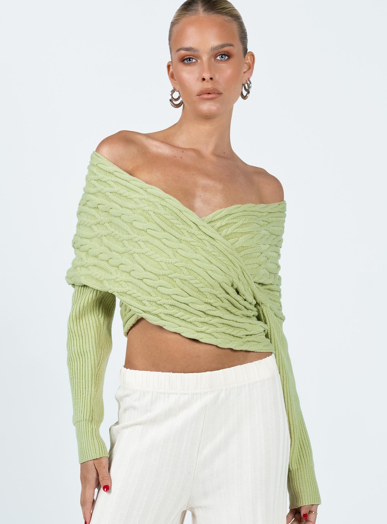 Tamas Wrap Front Sweater Sage Princess Polly  Cropped 