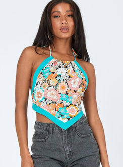 front view of model wearing Princess Polly Brea Top Blue Multi 