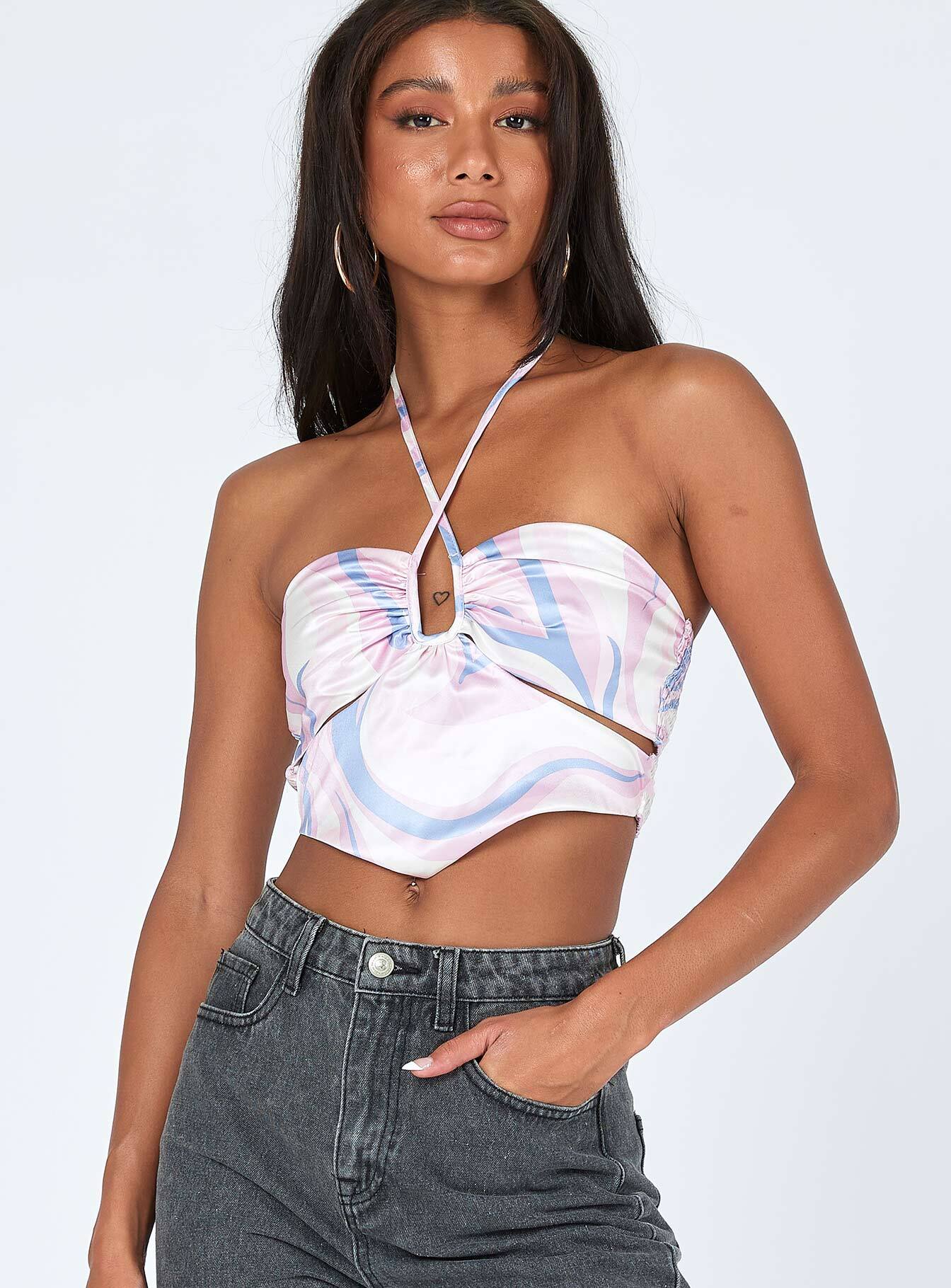 front view of model wearing Princess Polly Hartley Top Pink / Blue 