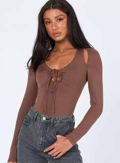 front view of model wearing Princess Polly Valentina Bodysuit Brown Sleeveless Scoop Neck 