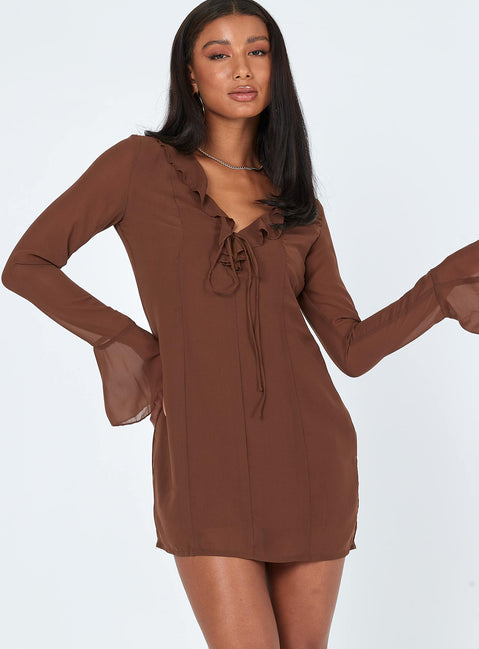 front view of model wearing Princess Polly Theo Mini Dress Brown 