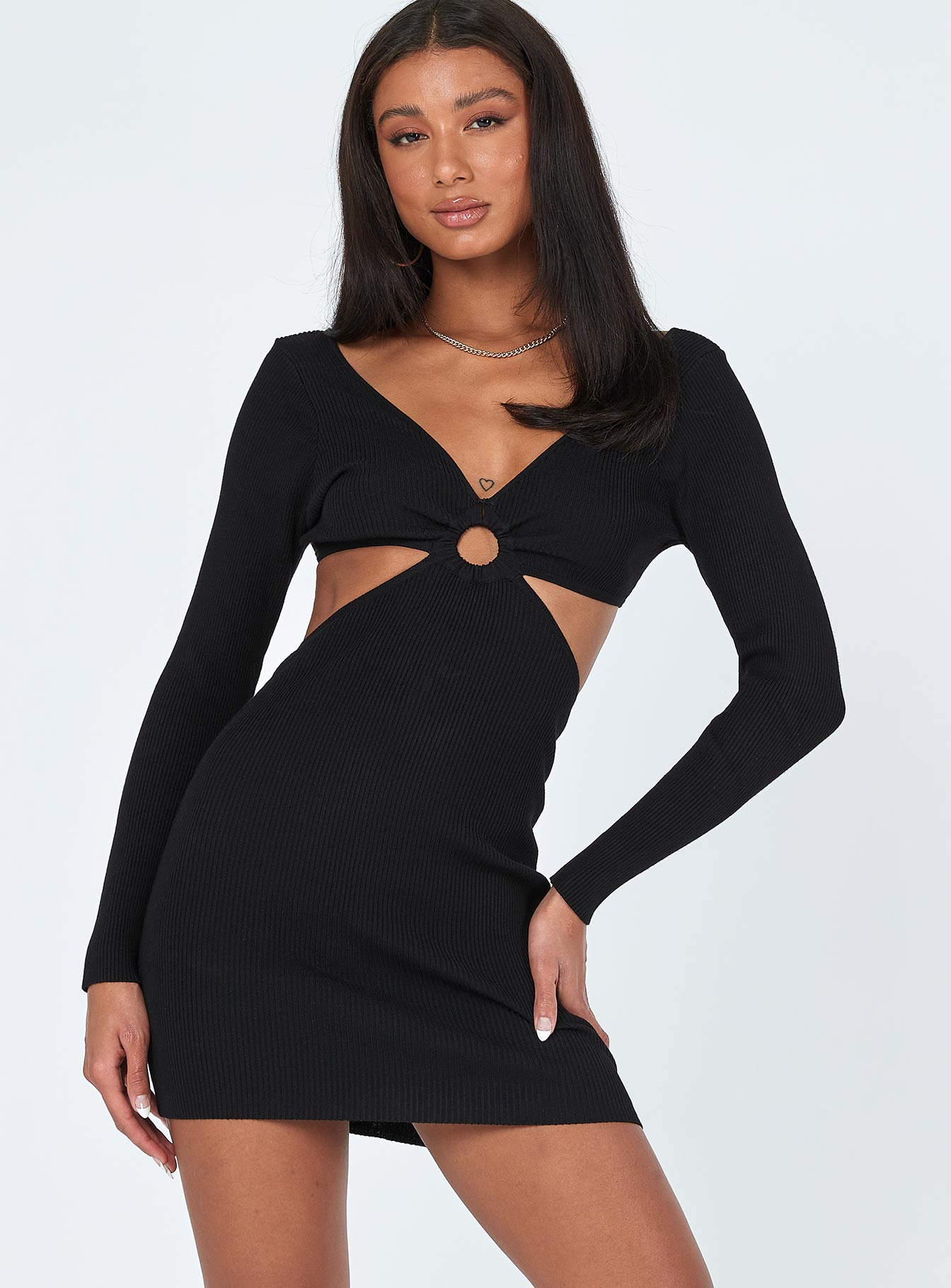 front view of model wearing Princess Polly Lucia Cut Out Mini Dress Black 
